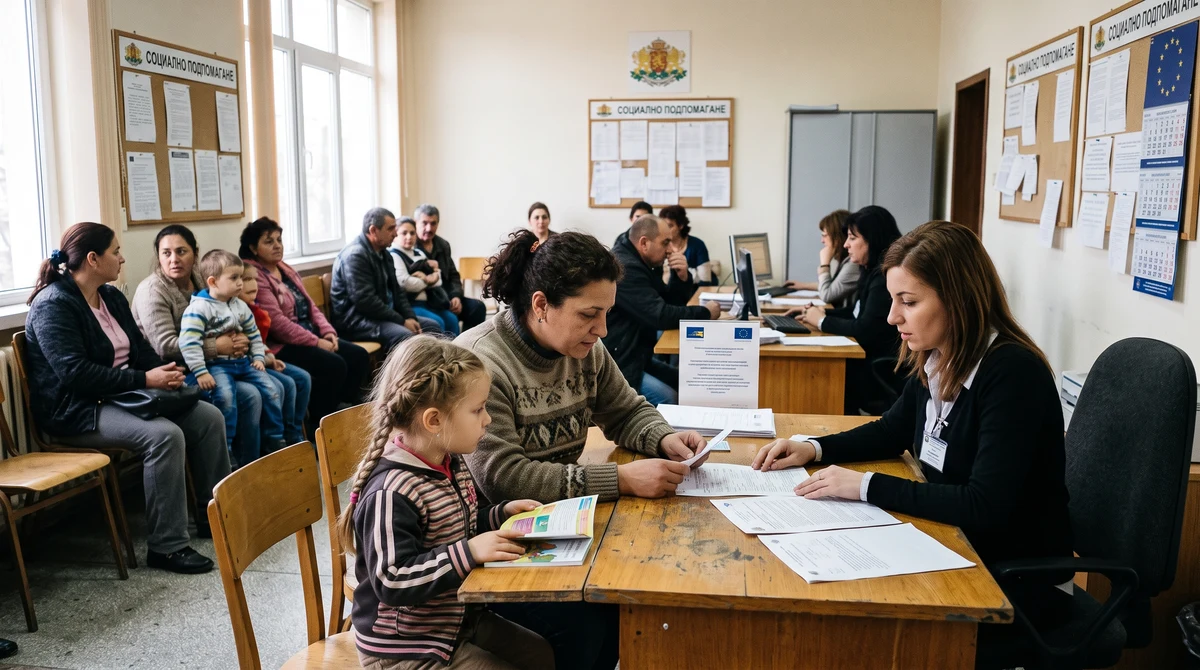 Семейства чакат в офис на социалните служби в България, докато майка преглежда документи за детски помощи.