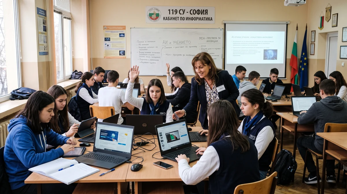 Учител и ученици в българска класна стая работят с лаптопи по време на урок с използване на AI технологии.