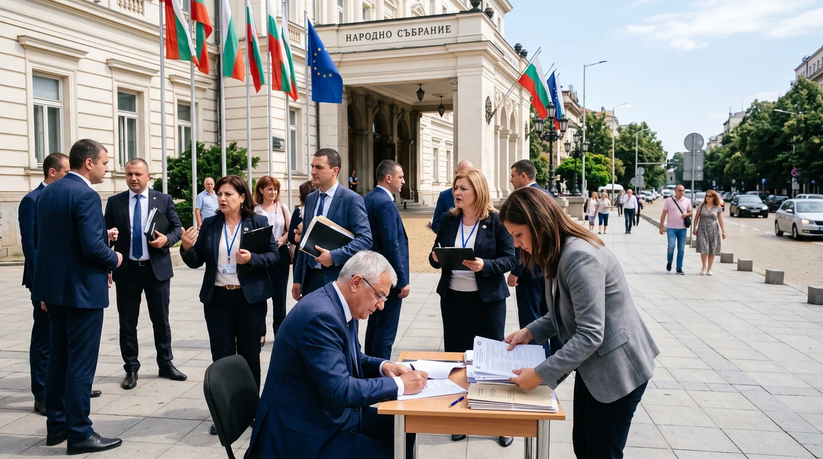Сграда на Народното събрание в София и представители на съдебната система в контекста на избора на нов Висш съдебен съвет.