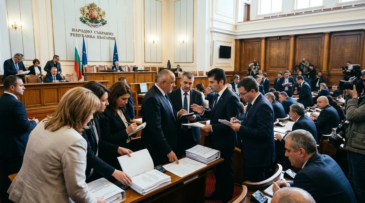 Дебат за държавния бюджет в Народното събрание с политици, документи и български знамена