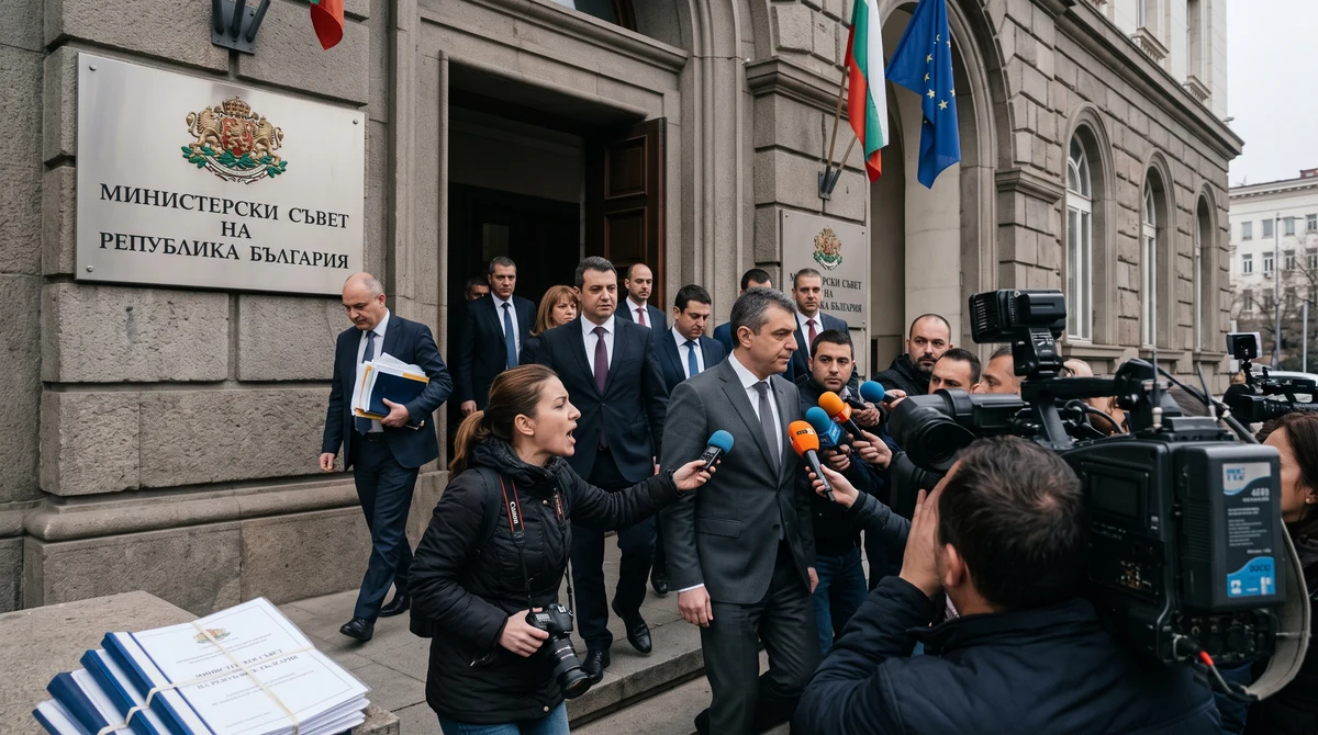 Служители и журналисти пред правителствена сграда в София по тема за контрола върху обществените поръчки