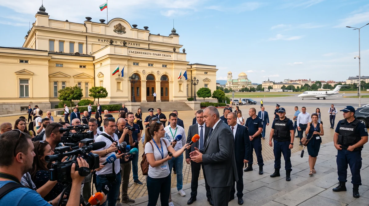 Сграда на Народното събрание в София на фона на спор за частни полети и политическа проверка