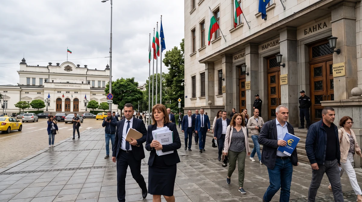 Сградата на Българската народна банка и районът около парламента в София в контекста на спора за бюджета за 2026 г.