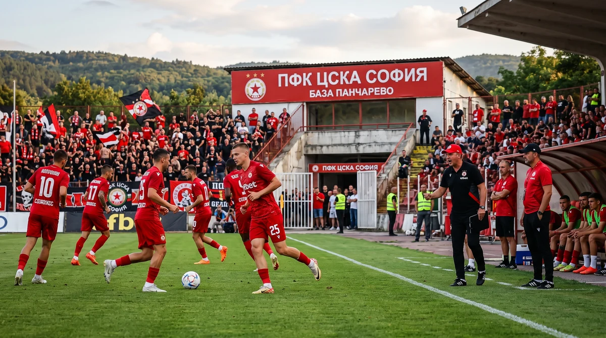 Футболисти на ЦСКА загряват на базата в Панчарево преди контрола с Марек, докато зрители влизат на трибуната.