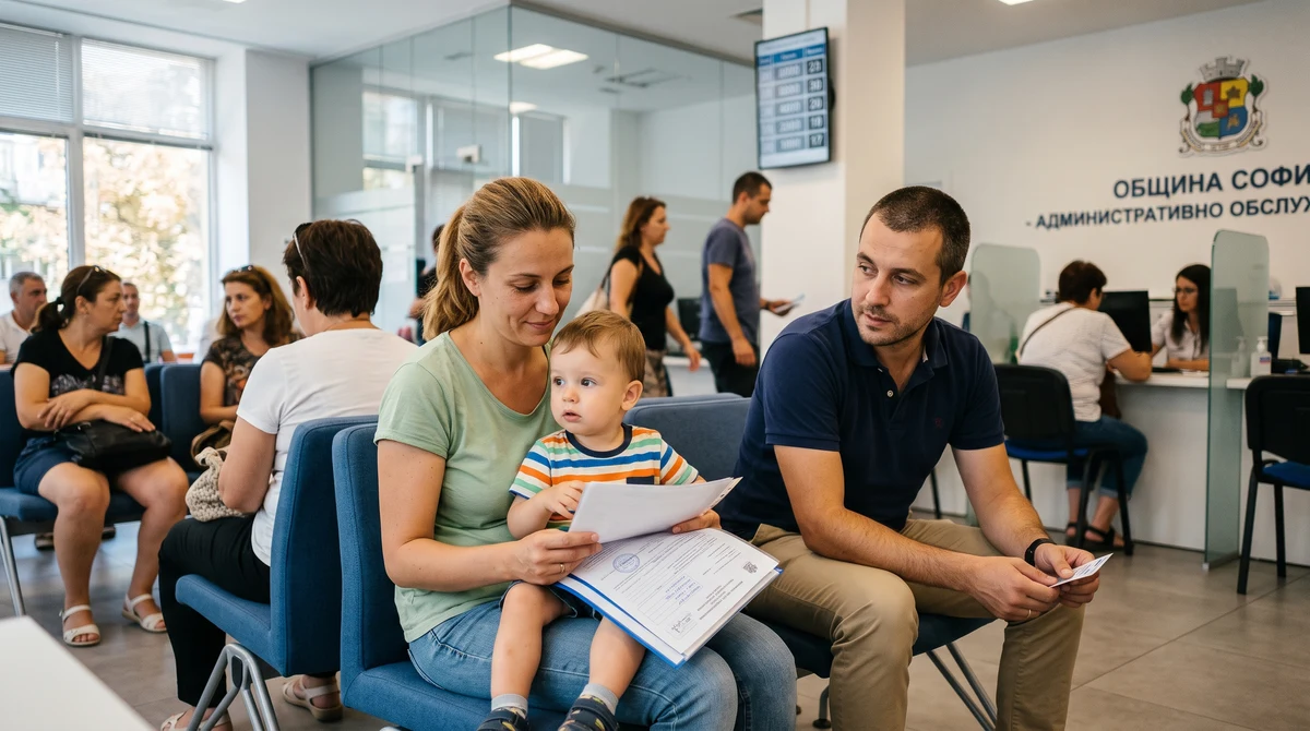 Родители с дете чакат с документи в общински офис в София за подаване на искане за компенсация за ясла.