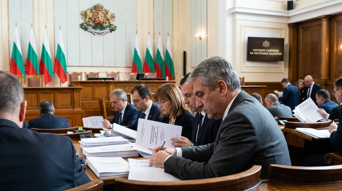 Зала на Народното събрание по време на дебат по държавния бюджет с документи и представители на властта