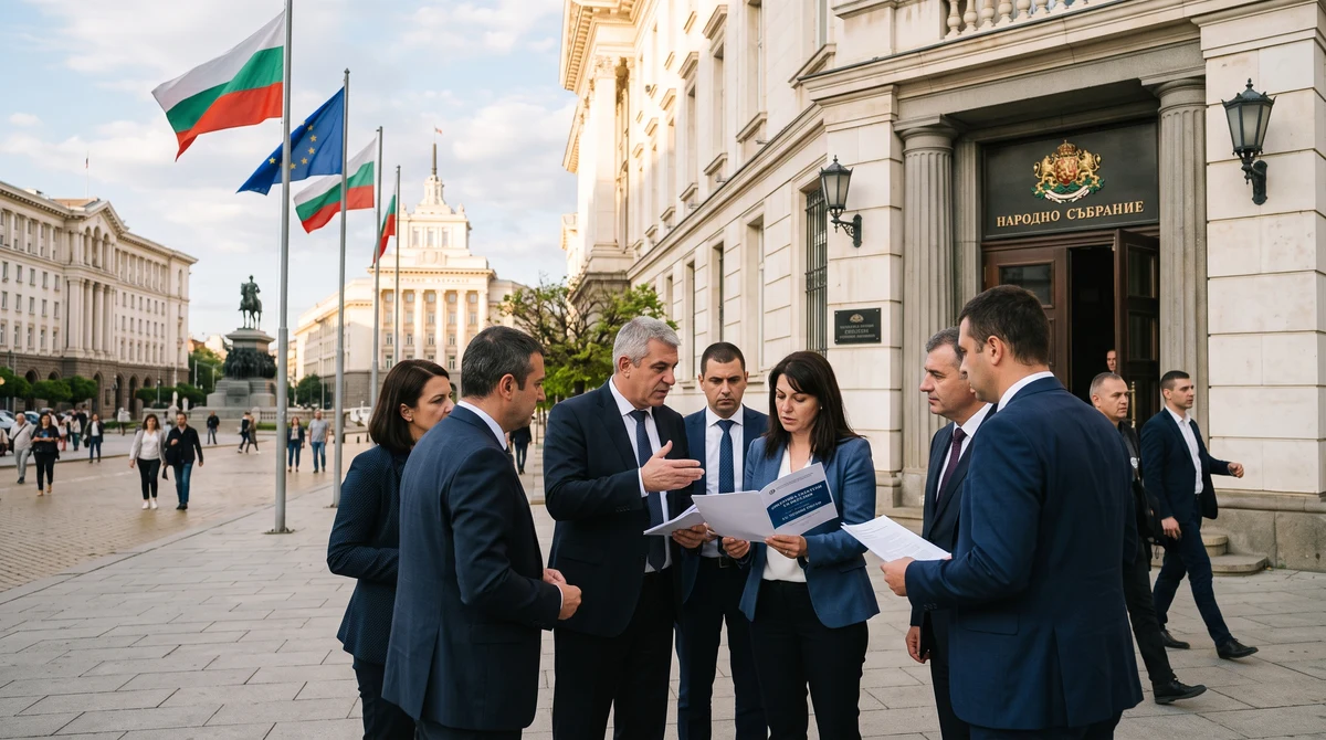 Сградата на Народното събрание в София с български и европейски знамена в контекст на енергийна политика