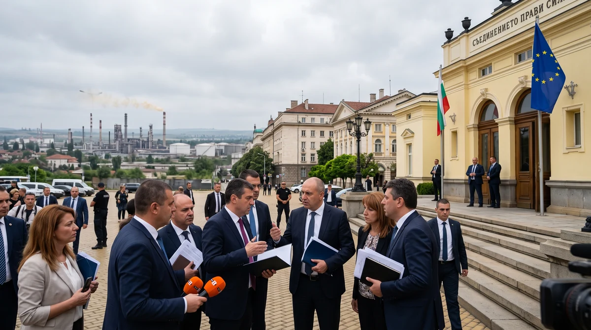 Политици в сградата на българския парламент на фона на дебат за санкциите срещу Русия, енергетиката и държавните финанси.