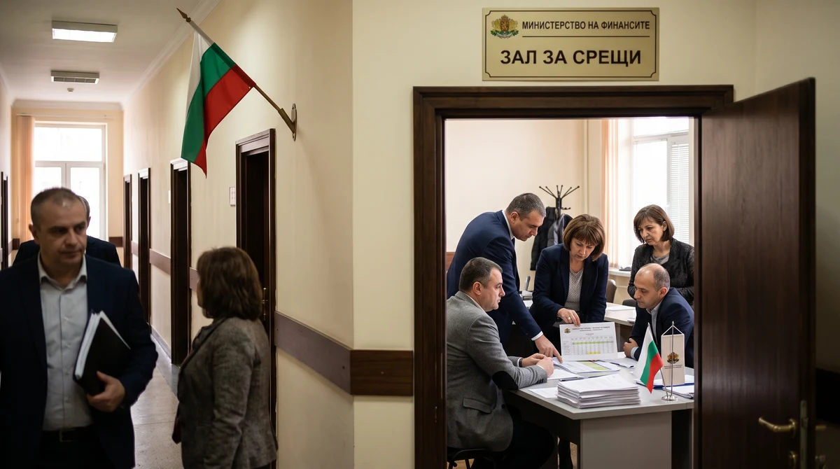 Служители в държавна администрация и финансови експерти разглеждат бюджетни документи в правителствена сграда в София.