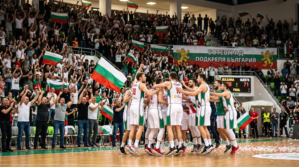 Играчите на България празнуват победа в пълна зала след мач срещу Норвегия в Ботевград.