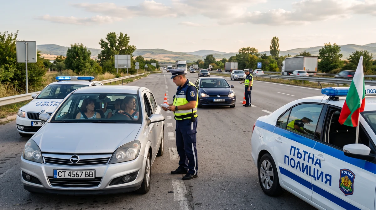 Пътна полицейска проверка на натоварен български път през лятото с автомобили и патрулни коли.