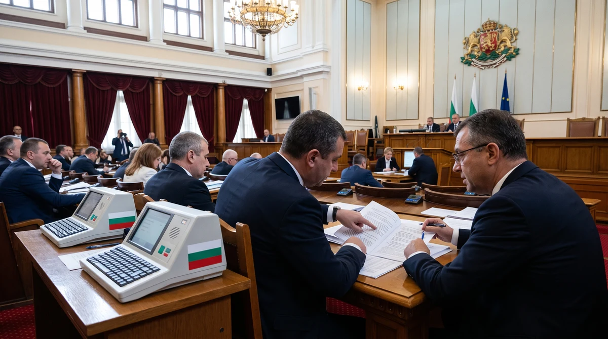 Зала на българския парламент по време на дебат за машинното гласуване и промени в Изборния кодекс.