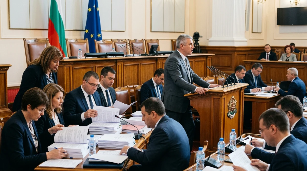 Заседание в Народното събрание по бюджета за 2026 г. с депутати, документи и знамена на България и EU.