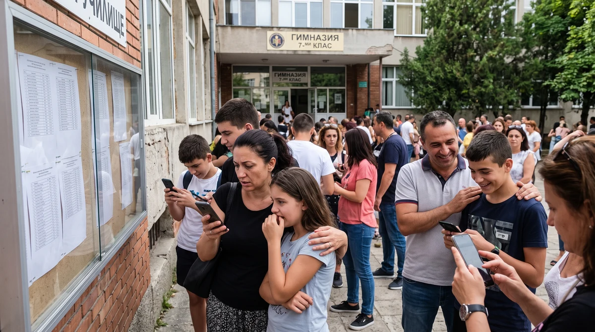 Родители и ученици проверяват резултатите от второто класиране за прием след 7. клас пред училище.