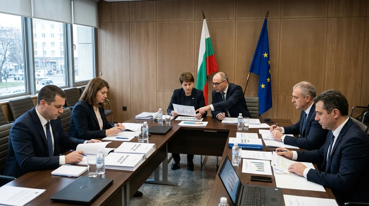 Български представители разглеждат бюджетни документи на заседание пред знамената на България и Европейския съюз.