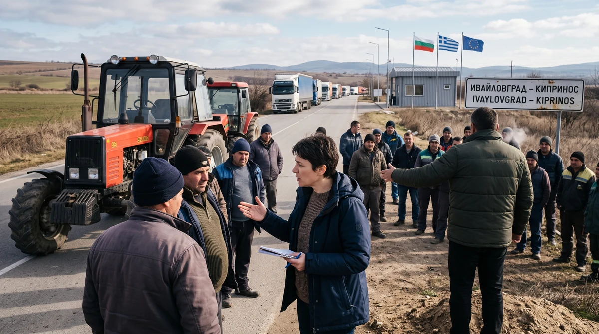 Земеделци и трактори блокират пътя пред граничния пункт „Ивайловград – Кипринос“, докато товарни камиони чакат.