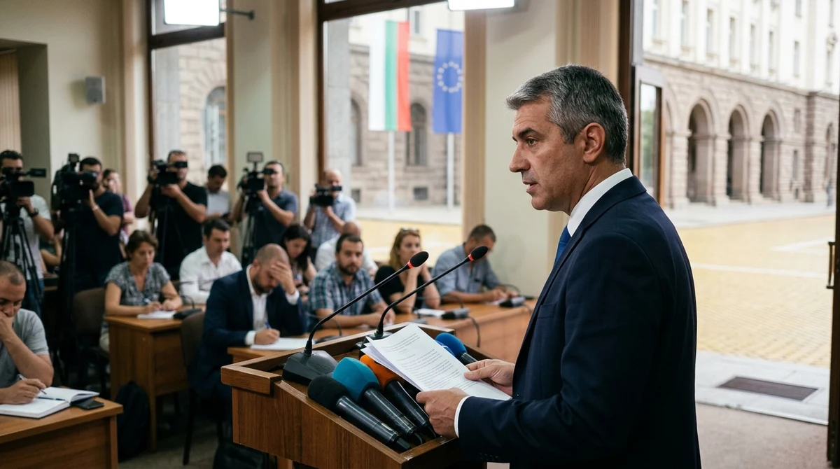 Иван Демерджиев на официален брифинг с документи, журналисти и българското знаме на заден план