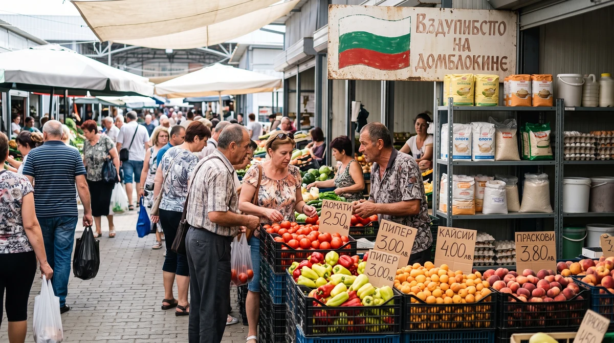 Купувачи разглеждат сезонни плодове и зеленчуци на български пазар на едро