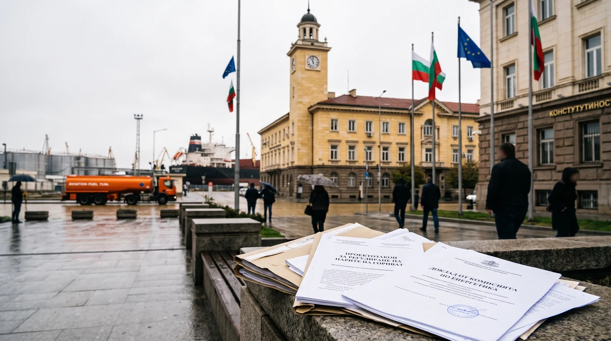 Сградите на Народното събрание и Конституционния съд на фона на документи за държавния контрол върху авиационните и корабните горива