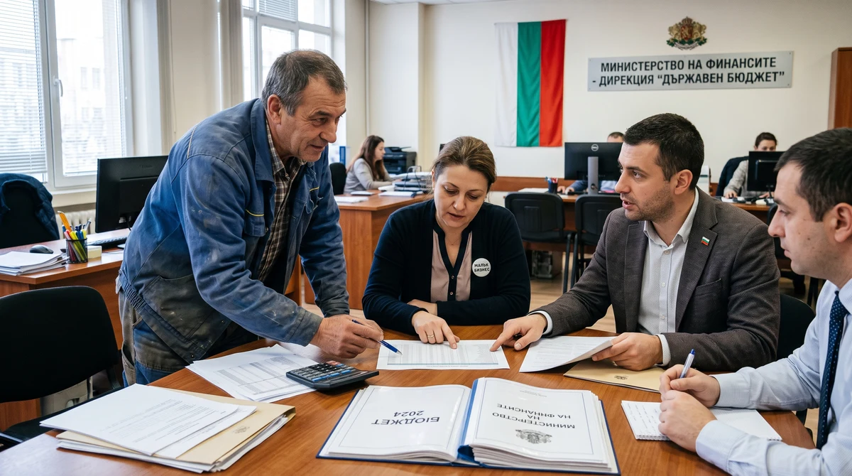 Работещи, собственик на малък бизнес и държавен служител обсъждат бюджетни документи в офис с българско знаме.