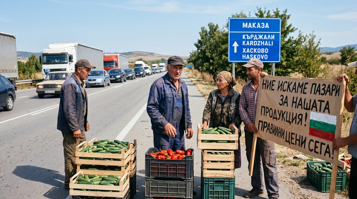 Зеленчукопроизводители протестират край пътя към Маказа с щайги краставици и чушки