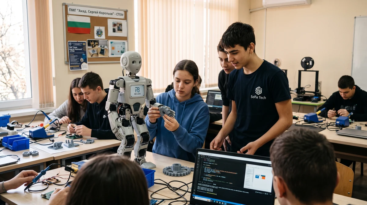 Ученици работят с хуманоиден робот и 3D отпечатани части в училищна STEM лаборатория