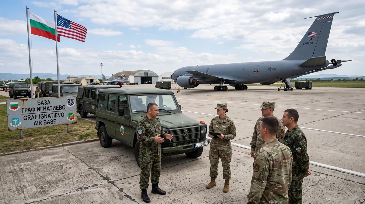 Самолет-цистерна Boeing KC-135 на авиобаза „Безмер“ с български и американски военнослужещи