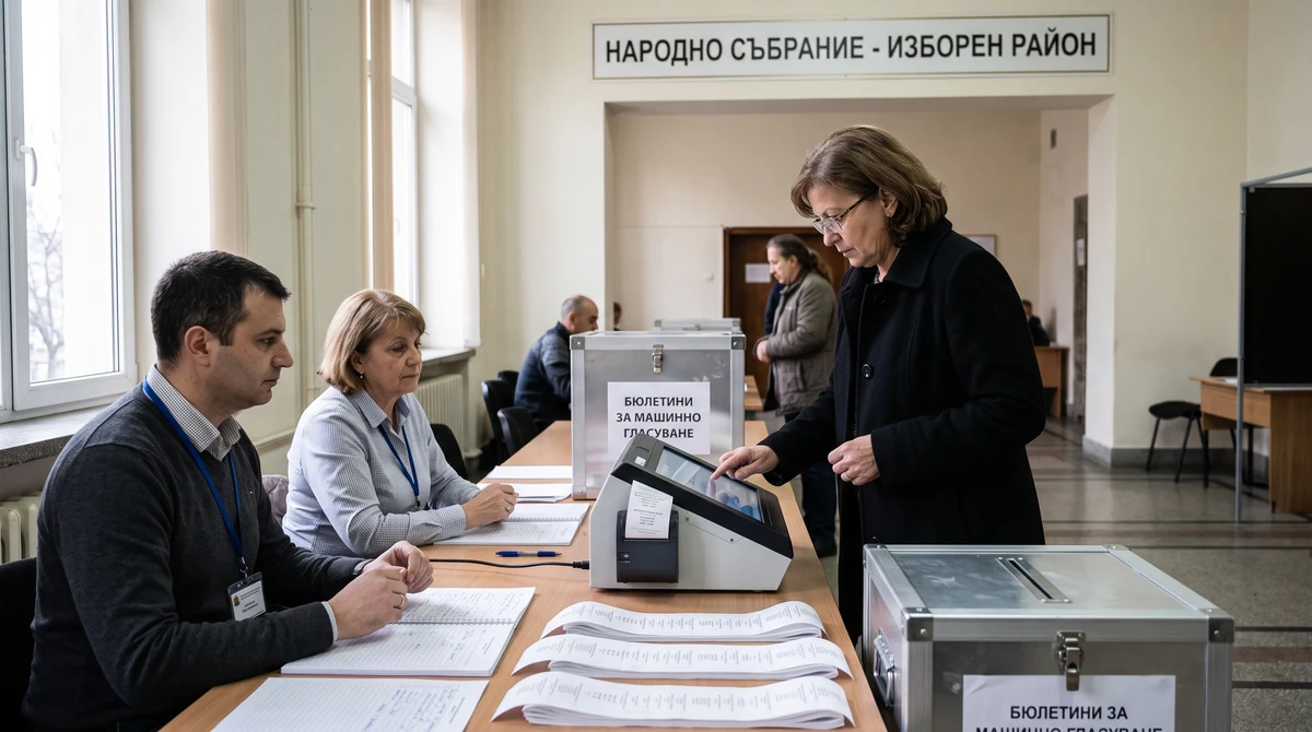 Избирател гласува с машина в голяма българска секция, докато членове на комисията наблюдават процеса