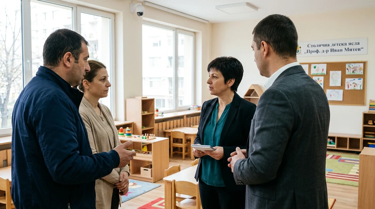Камера за видеонаблюдение в модерна детска ясла в София, докато родители разговарят с ръководството