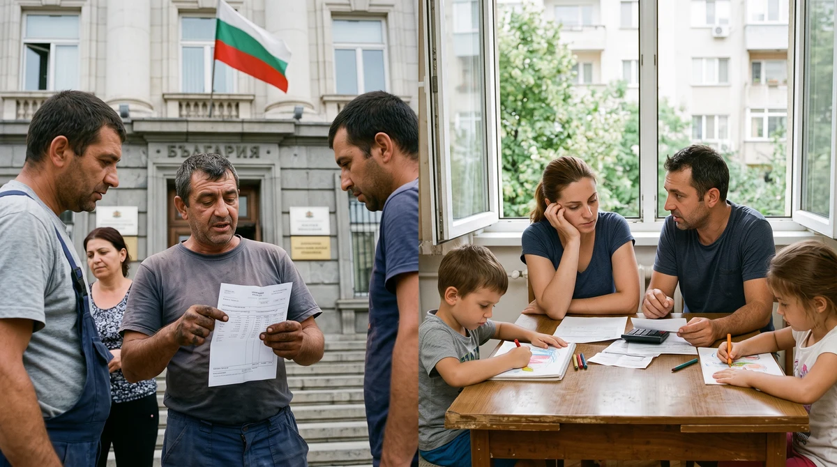 Работници преглеждат фишове за заплати, докато семейство обсъжда бюджета си