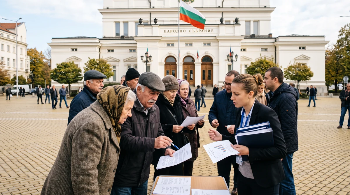 Пенсионери и държавни служители разглеждат документи за бюджета и осигуровките пред Народното събрание