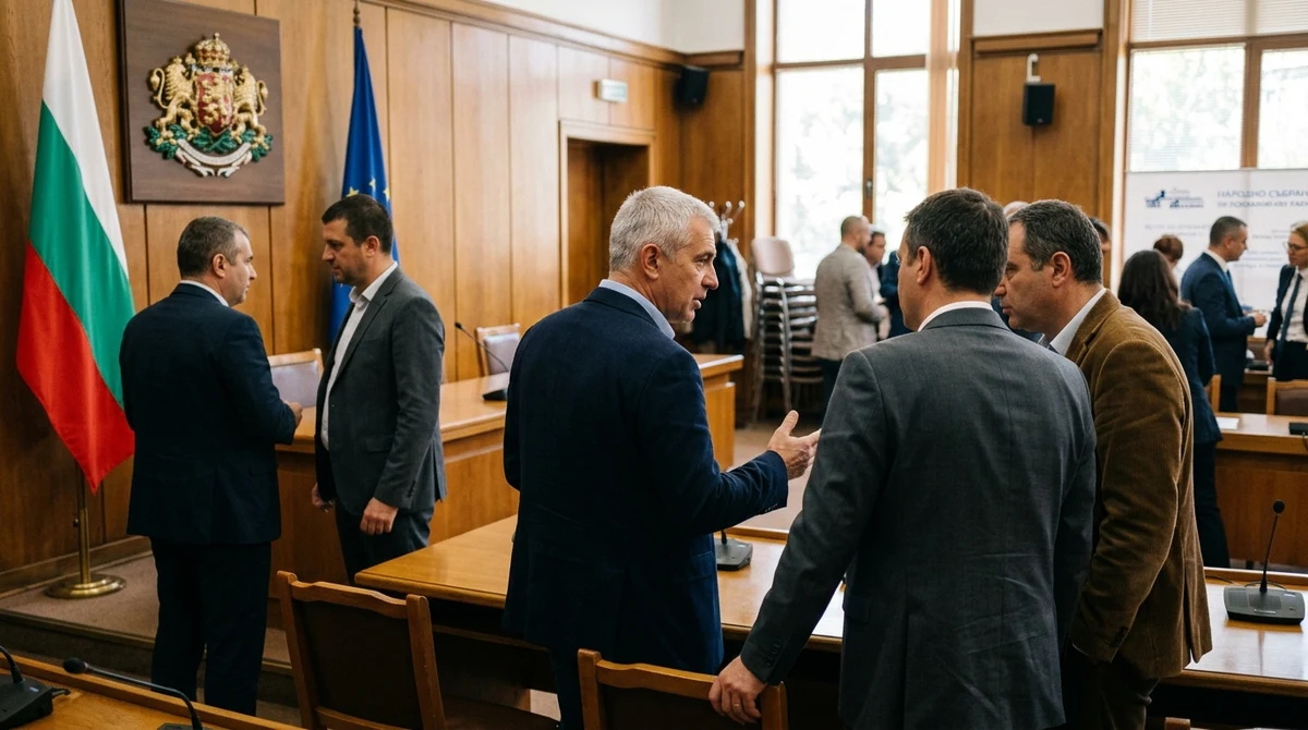 Български политици обсъждат разделените кандидатури за президентските избори на фона на националното знаме.