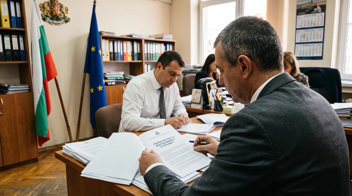 Български държавни служители преглеждат документи по Плана за възстановяване и устойчивост до знамената на България и Европейския съюз