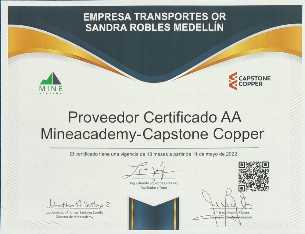 Certificación Empresa Transportes OR.