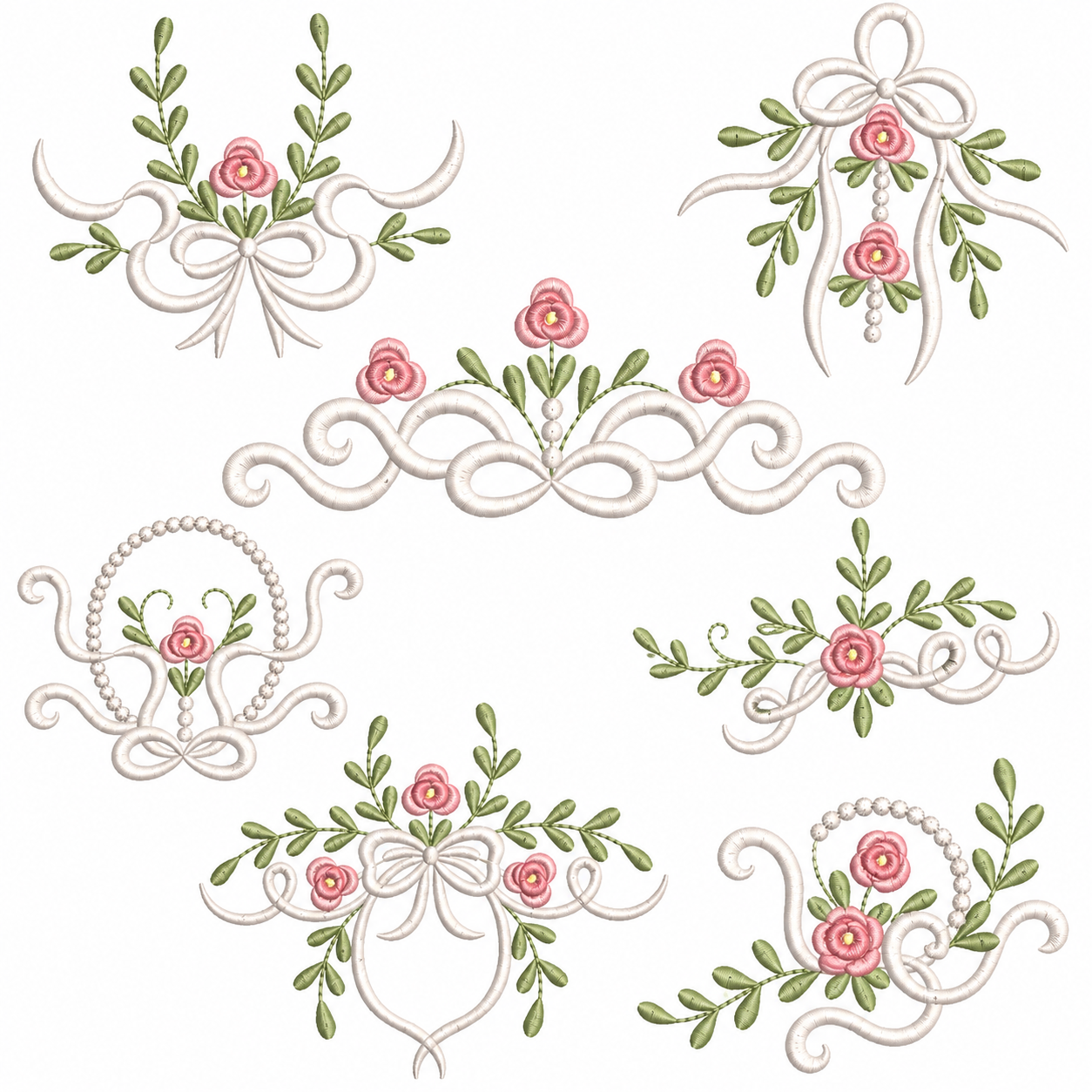 Matrizes de Bordado - Florais Delicados com Laços e Pérolas