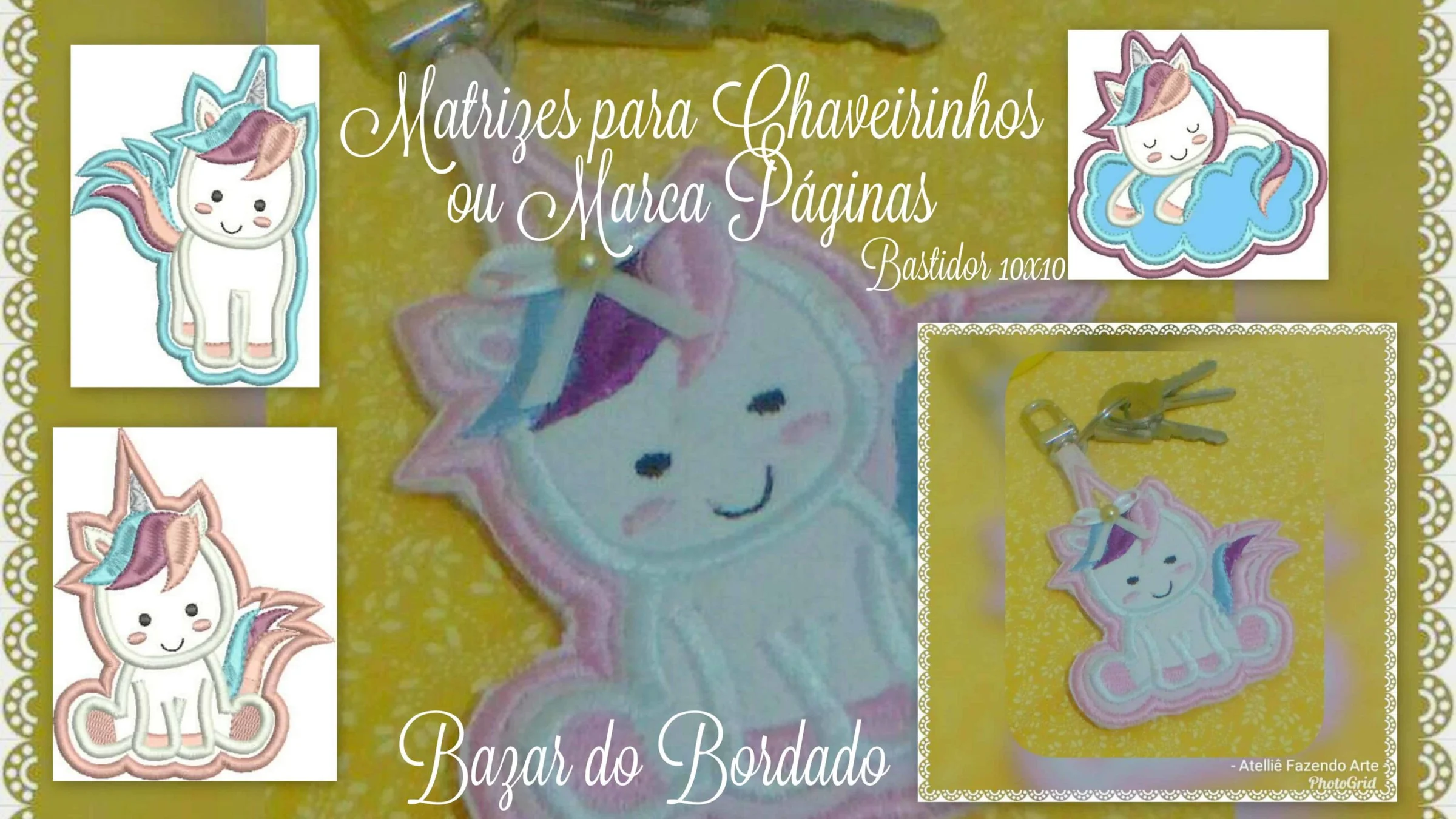 Matrizes de Bordado - Unicórnios Fofos Aplique + Chaveiro
