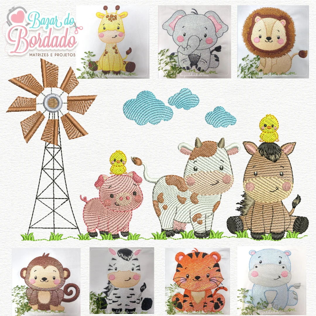 Matrizes de Bordado - SUPER COMBO: animais Safári + Fazendinha