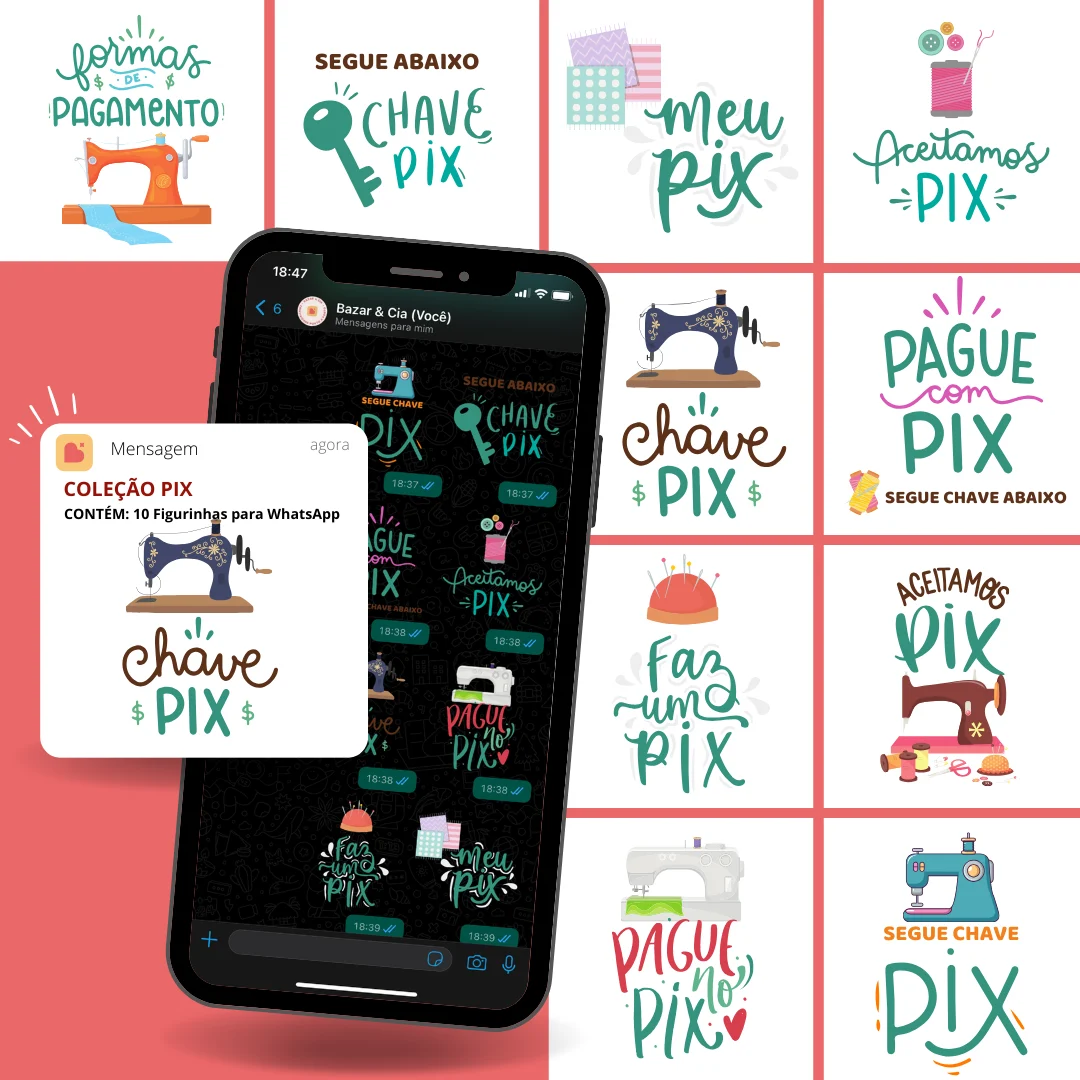 Figurinhas para WhatsApp | Coleção PIX Costureiras
