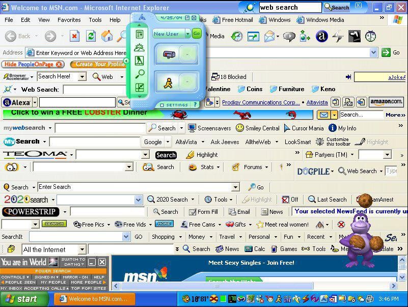 A browser screen from the Windows XP era but plastered with toolbar add-ons to the extent the screen beneath can't be seen anymore
