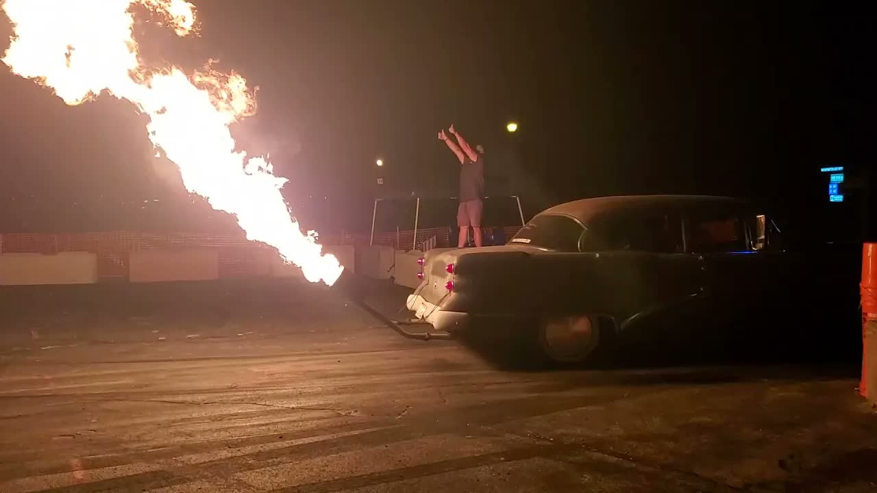 1967 Impala Burnout With Flamethrower From a 1954 Buick Special To Light Up The Pad.