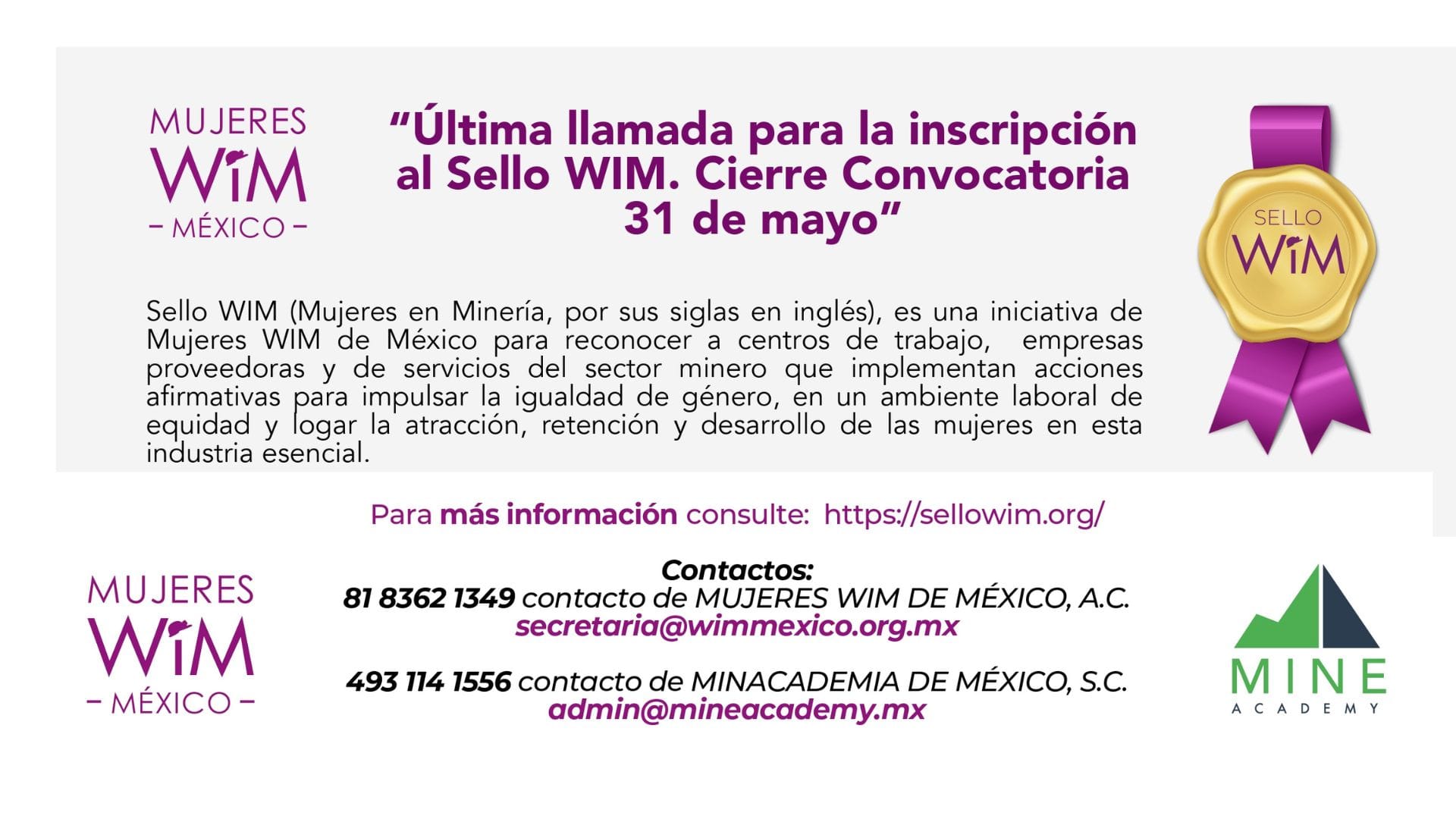 Última llamada para inscripción al Sello WIM Cierre 31 de mayo