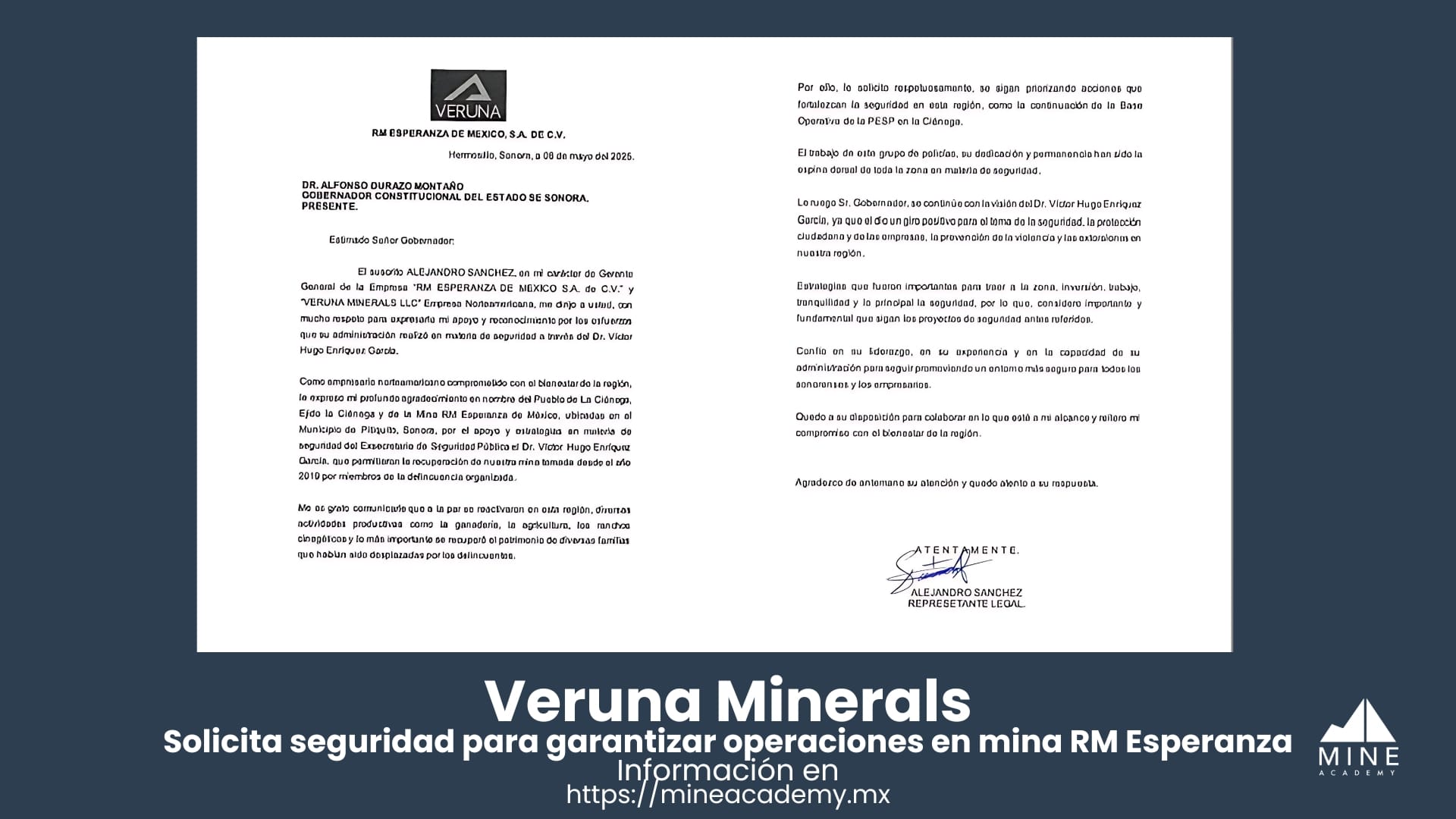 Veruna Minerals solicita seguridad para garantizar operaciones en mina RM Esperanza
