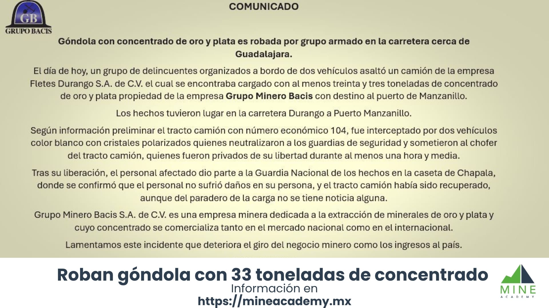 Grupo armado roba góndola con 33 toneladas de concentrado en trayecto hacia Manzanillo