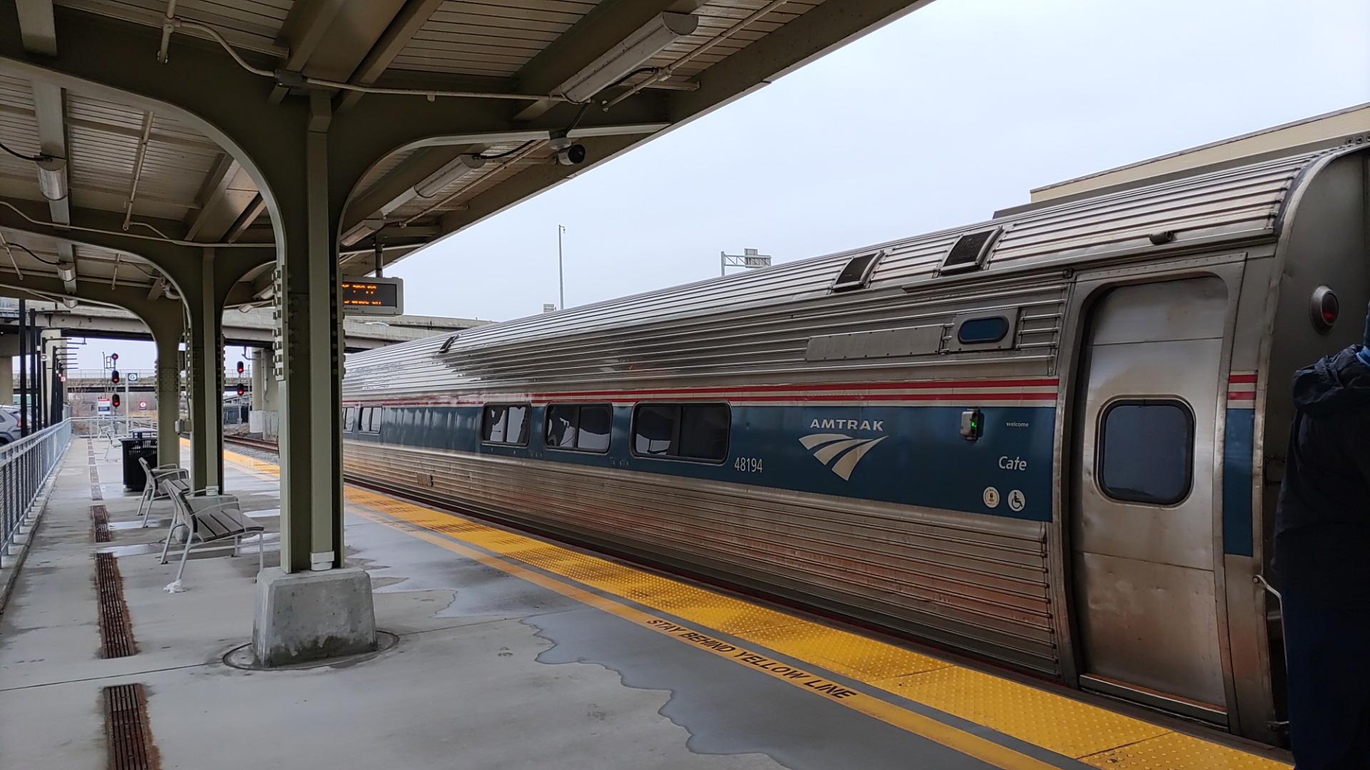 Set at Buffalo Exchange Street Station, a Toronto bound Amtrak Maple Leaf Service train. The subject is Amfleet Cafe/Business car at the end of the consist. I wish I knew what phase livery it was but I can't say