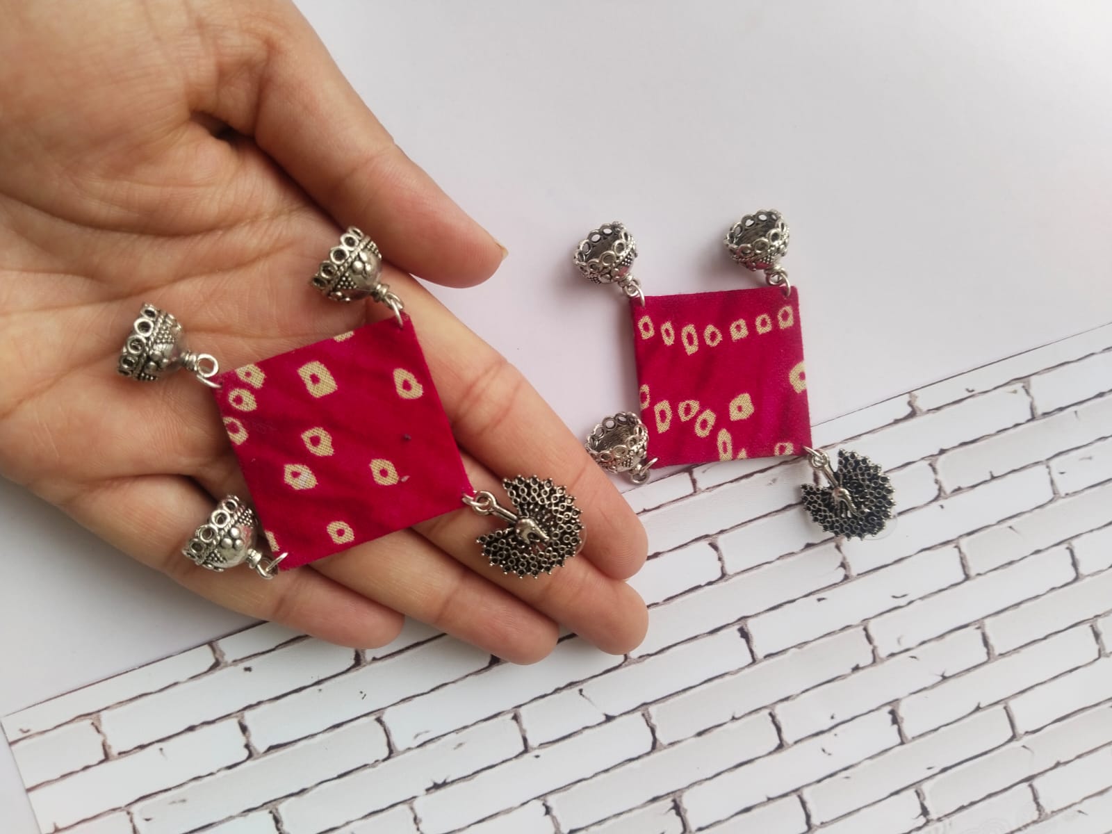  Pink Bandhani Fabric Jhumka Earrings