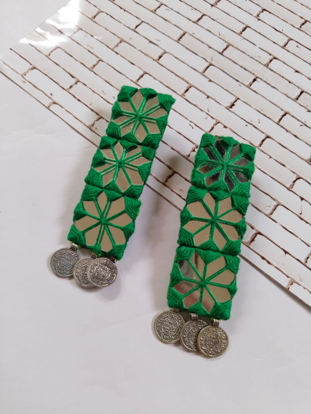 Dark Green Mirror Long Coins Earrings
