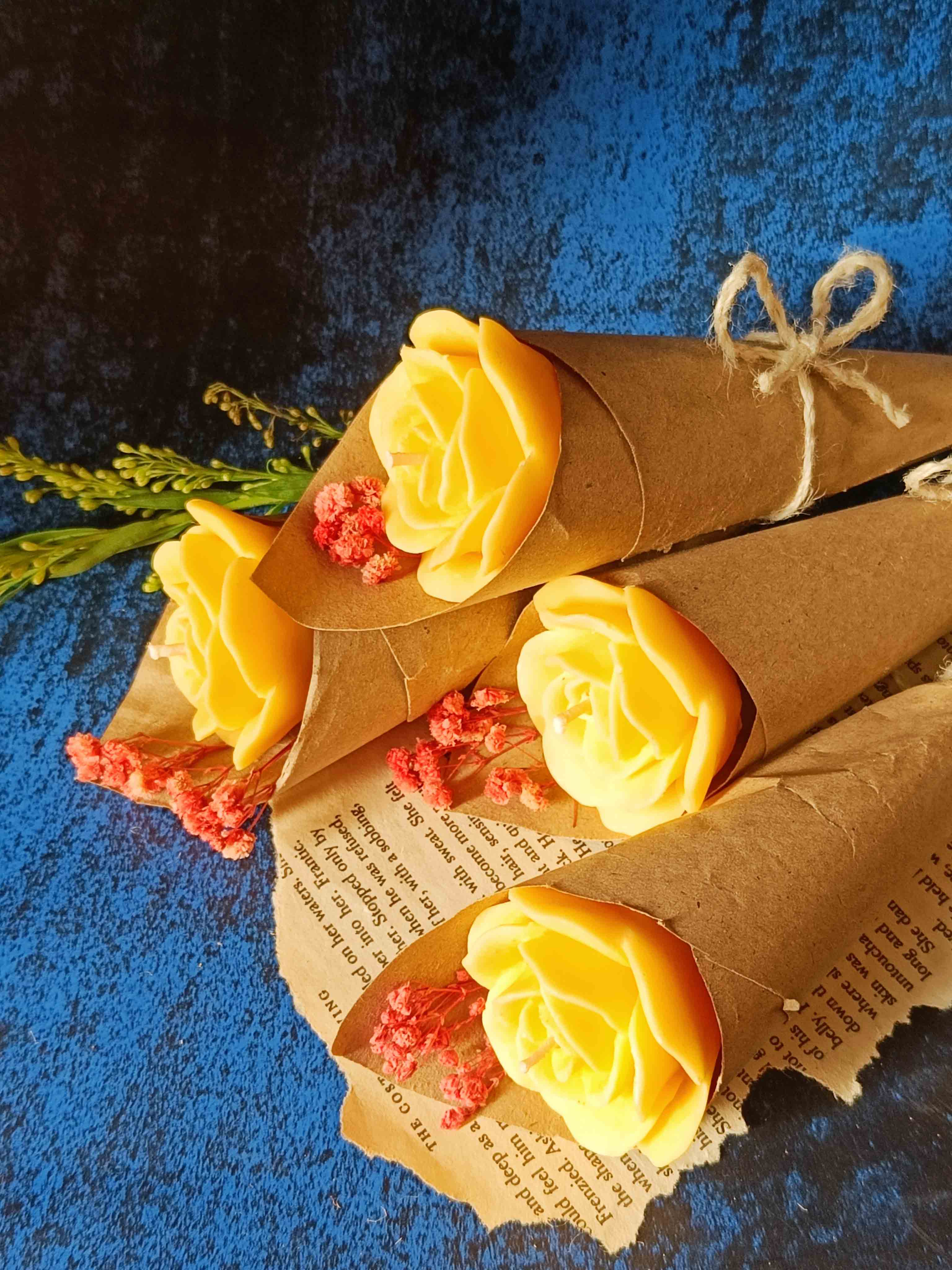 Yellow Rose Candle Flower Bouquet - Set of 4