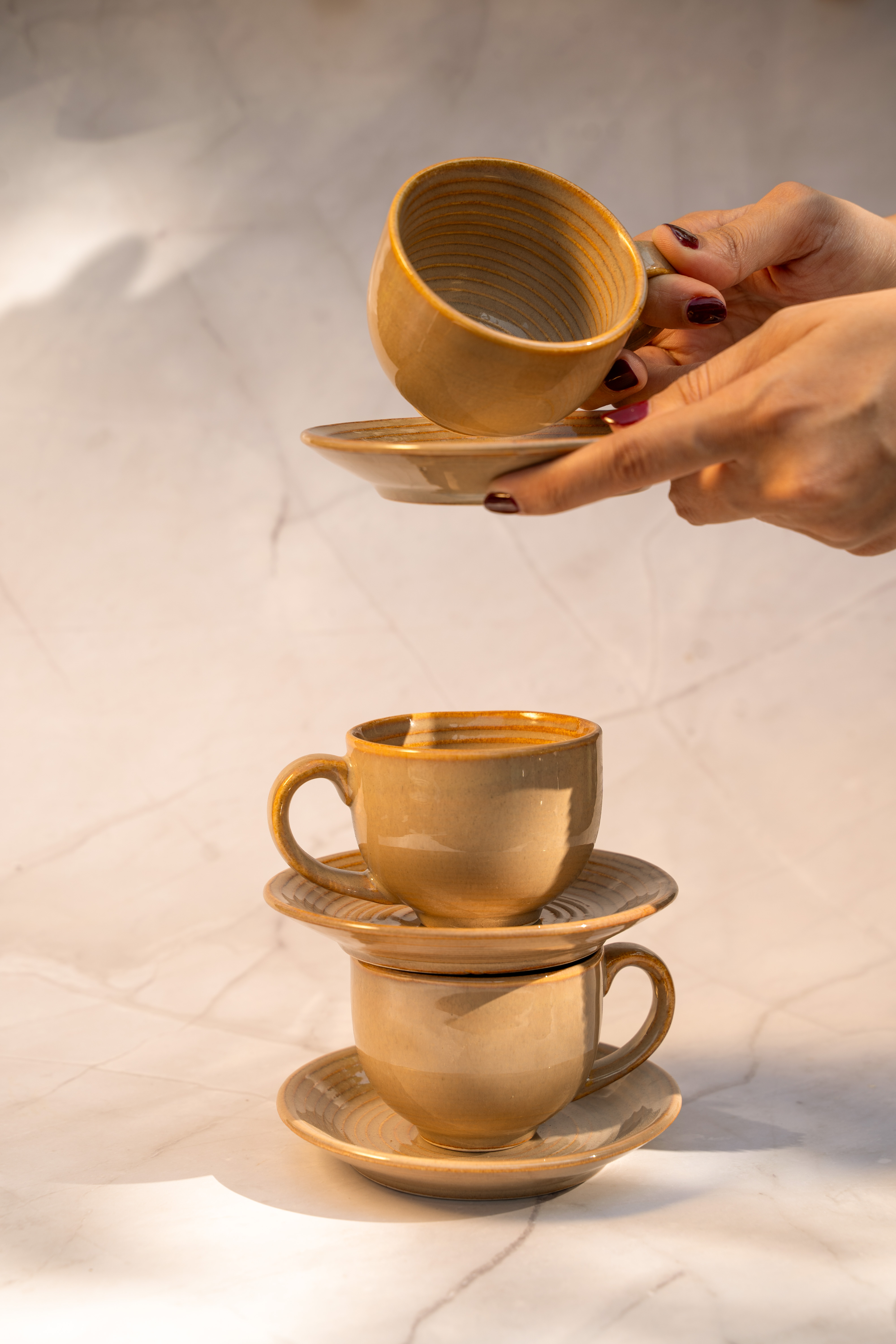 Beige Bloom Tea Set | 6 Cups + 6 Saucers