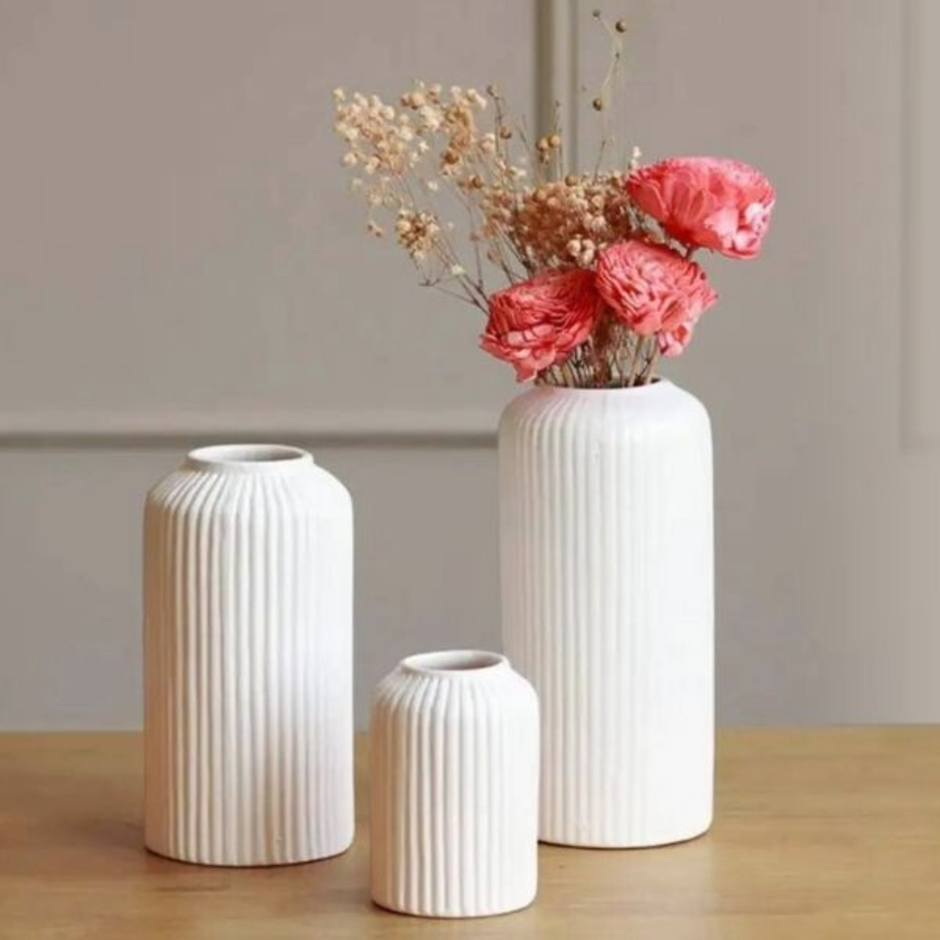 White Ribbed Vase Combo- Set of 3 | Small, Large & Medium