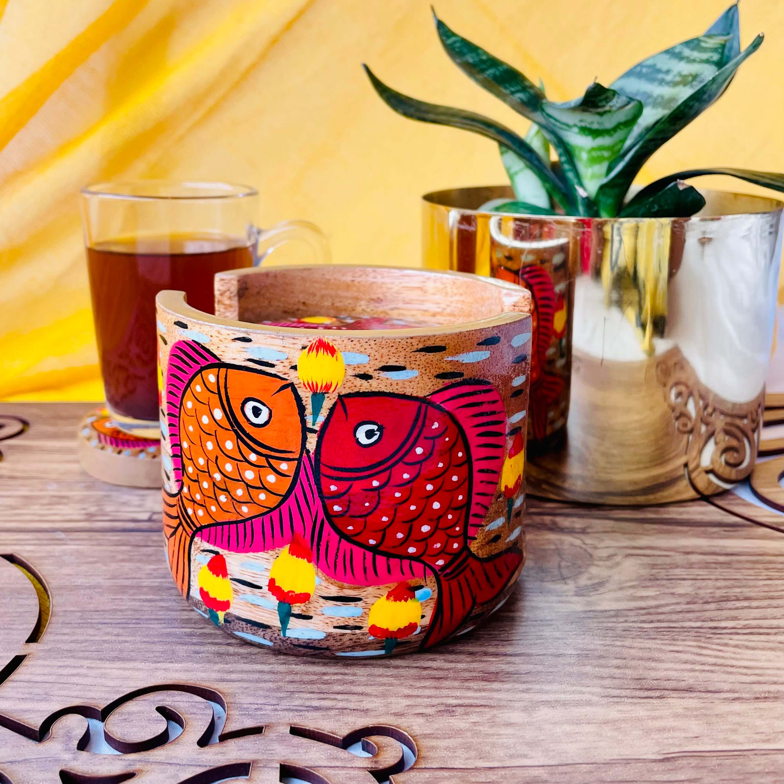 Tarang Round Wooden Coaster with Holder | Set of 6 - alternate view